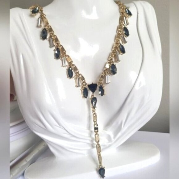 Gold Tone Blue Grey Drop Dangle Crystal Lariat Y Costume Statement Necklace - Picture 1 of 12